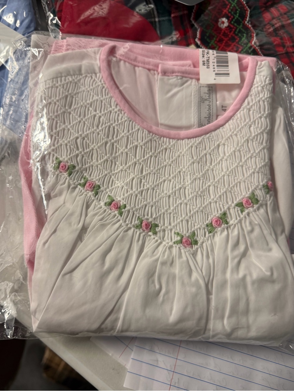 Smocked white corduroy top with pink leggings, nine months new with tags